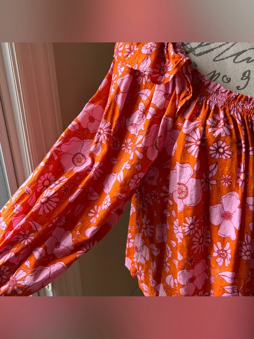 Free People Miss Daisy Off-Shoulder Floral Peasant Top in Orange and Pink Sz L